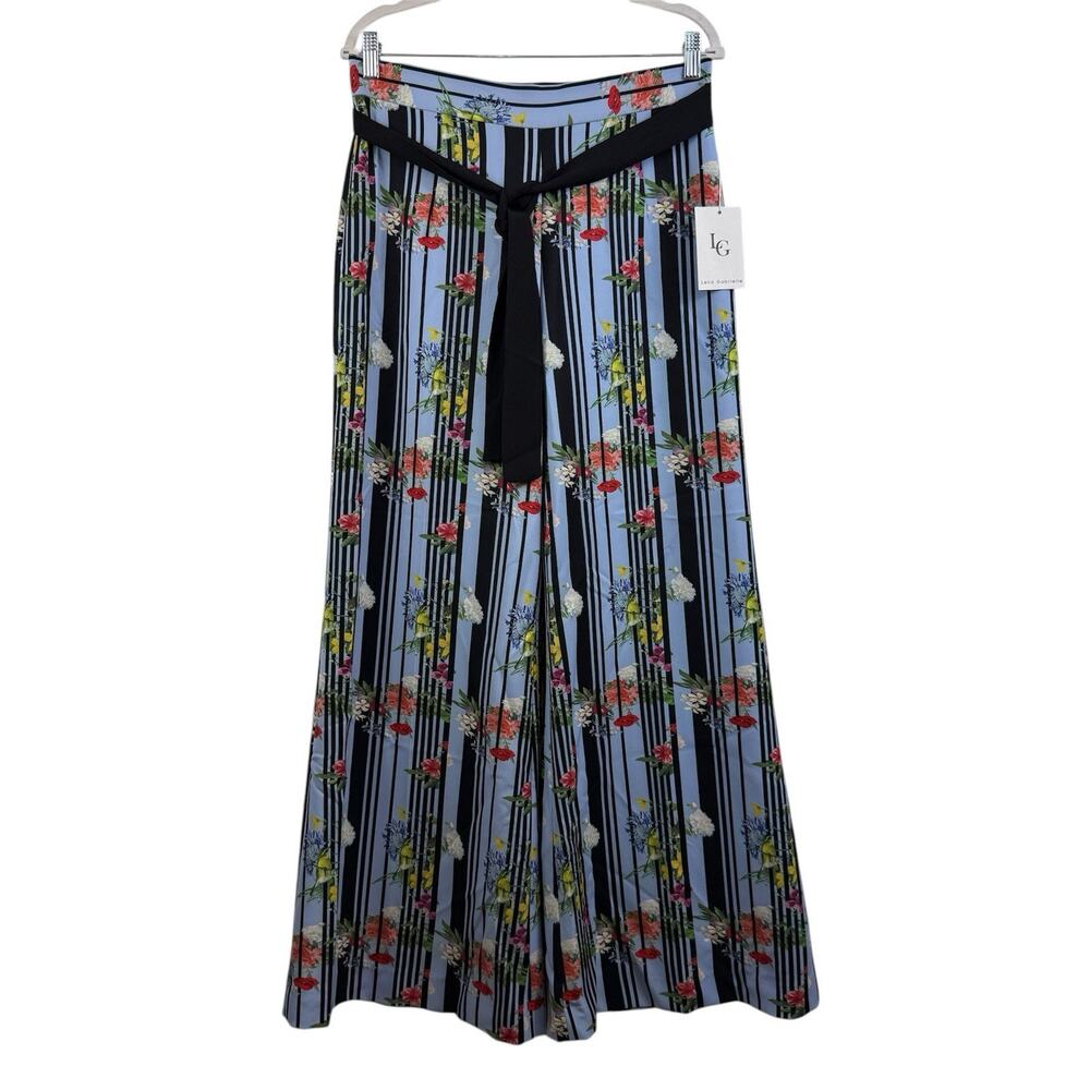 NWT Lena Gabrielle Blue Striped Floral Wide Leg Pants Size 8 High Rise Belted